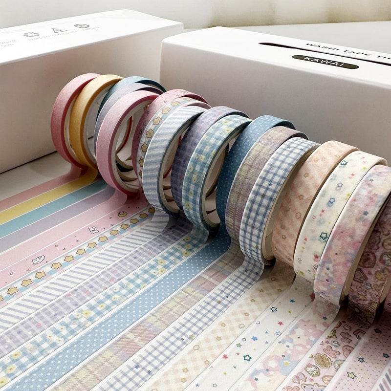 YUBX Vintage Washi Tape Set 20 Rolls Skinny Retro Decorative Antique Patterns Masking Tapes for Arts, DIY Crafts, Journals, Planners, Scrapbook, Wrapping (Kawaii) - Image 5